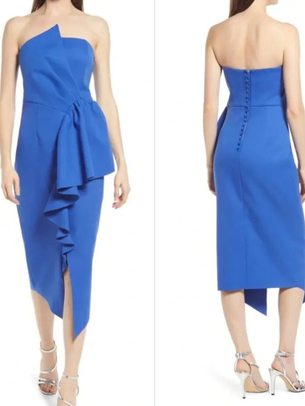 Elliatt Cobalt Blue Strapless Ruffle Cocktail Dress Asymmetrical Midi S NWT